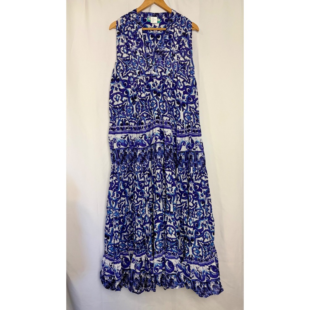 Leoni Al Sole Boho Blue White Tile Print Cotton Tiered Maxi Dress One Sz Resort‎